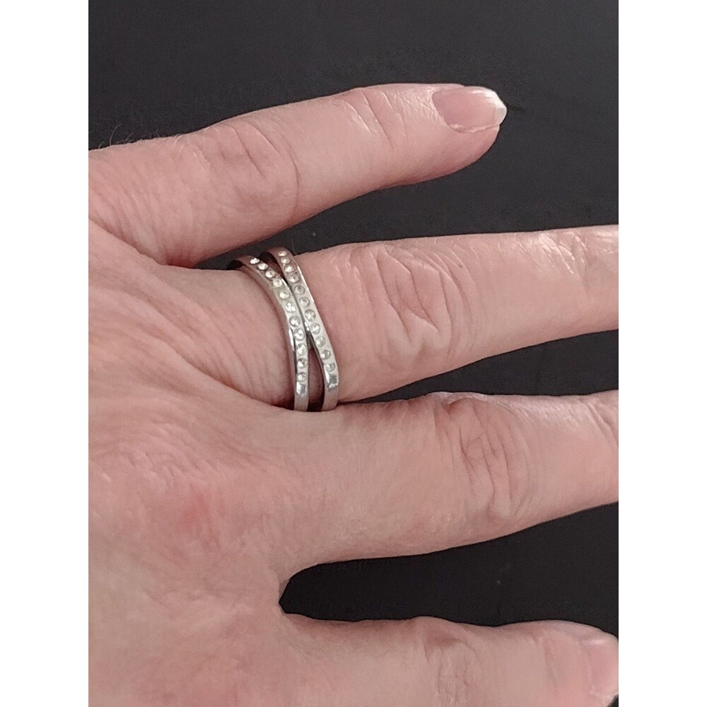 Skagen Silver Tone Double Band Clear Crystal Accents Ring Size 5.75